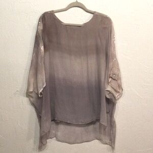 Made In Italy Silk Blouse-Tunic 3/4 Sleeve Ombre Beige/Gray Sequin Small